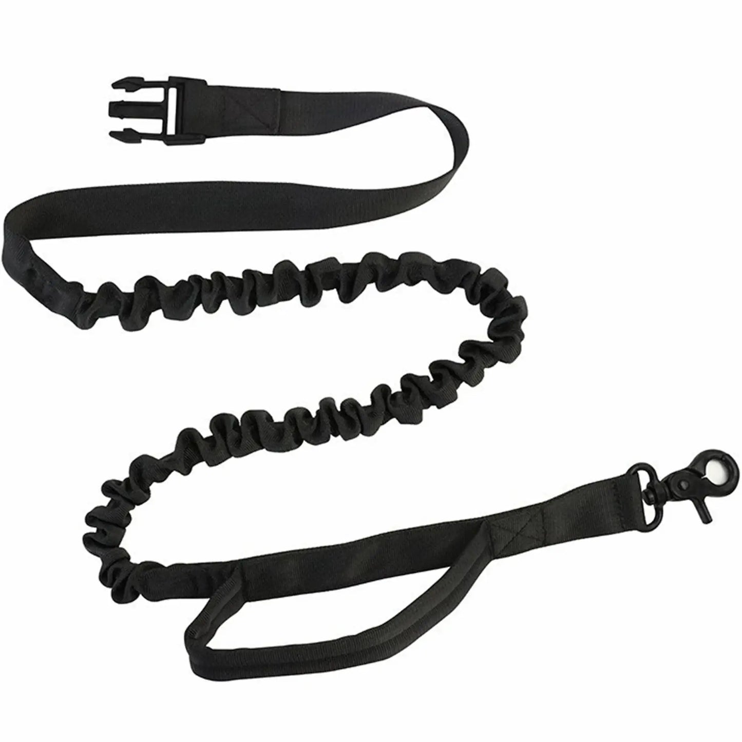 Elastic bungee dog leash with shock-absorbing section, wrist loop, and metal clip for hands-free walking or running