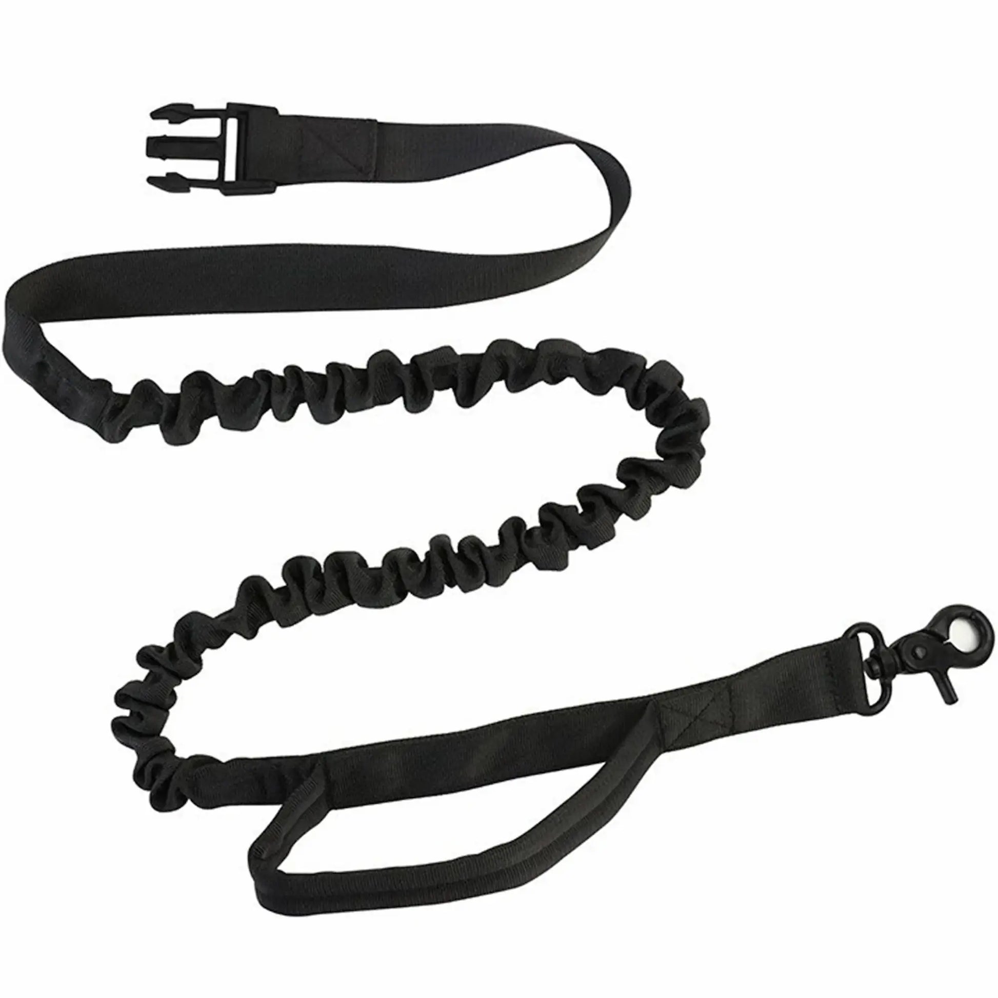 Elastic bungee dog leash with shock-absorbing section, wrist loop, and metal clip for hands-free walking or running