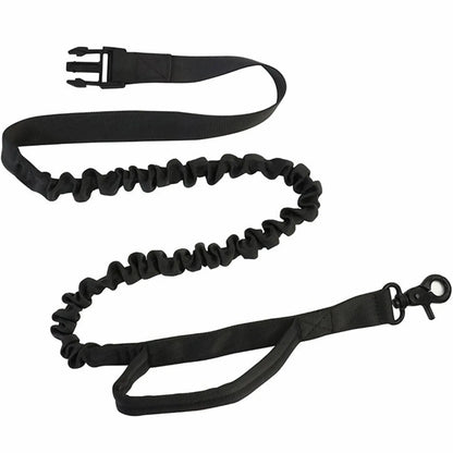 Elastic bungee dog leash with shock-absorbing section, wrist loop, and metal clip for hands-free walking or running