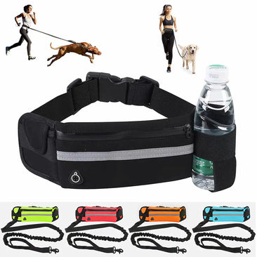 Hands-free dog leash waist belt with zippered pouch, reflective strip, water bottle holder, and bungee leash, shown for running and walking dogs in multiple colors