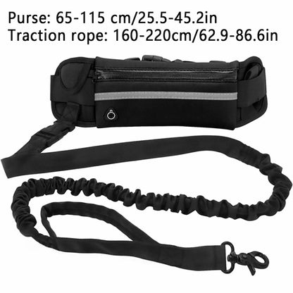 Hands-free dog leash with adjustable waist belt and elastic bungee leash, showing size ranges for belt and traction rope