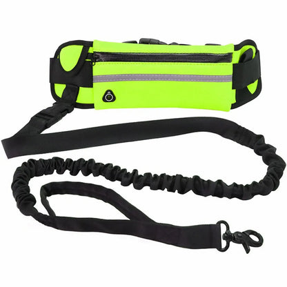 Neon green hands-free dog leash set with adjustable waist belt, reflective strip, zippered pocket, and elastic bungee leash for walking or running with dogs