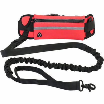 Red hands-free dog leash set with adjustable waist belt, reflective strip, zippered pocket, and elastic bungee leash with metal clip for walking or running