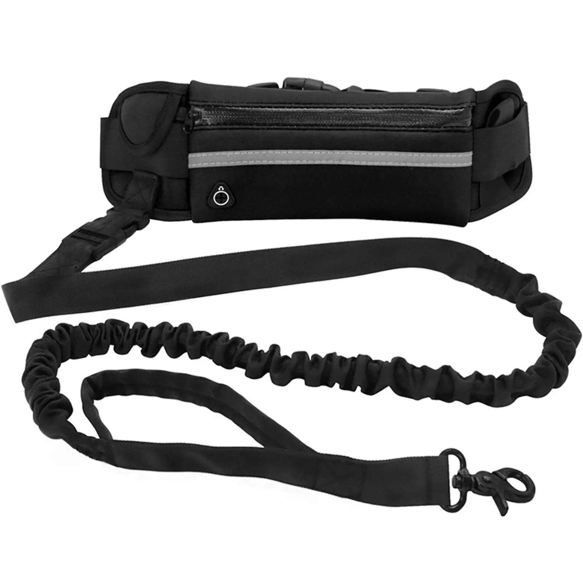 Hands-free dog leash set with adjustable waist belt, reflective strip, zippered pocket, and elastic bungee leash with metal clip for walking or running