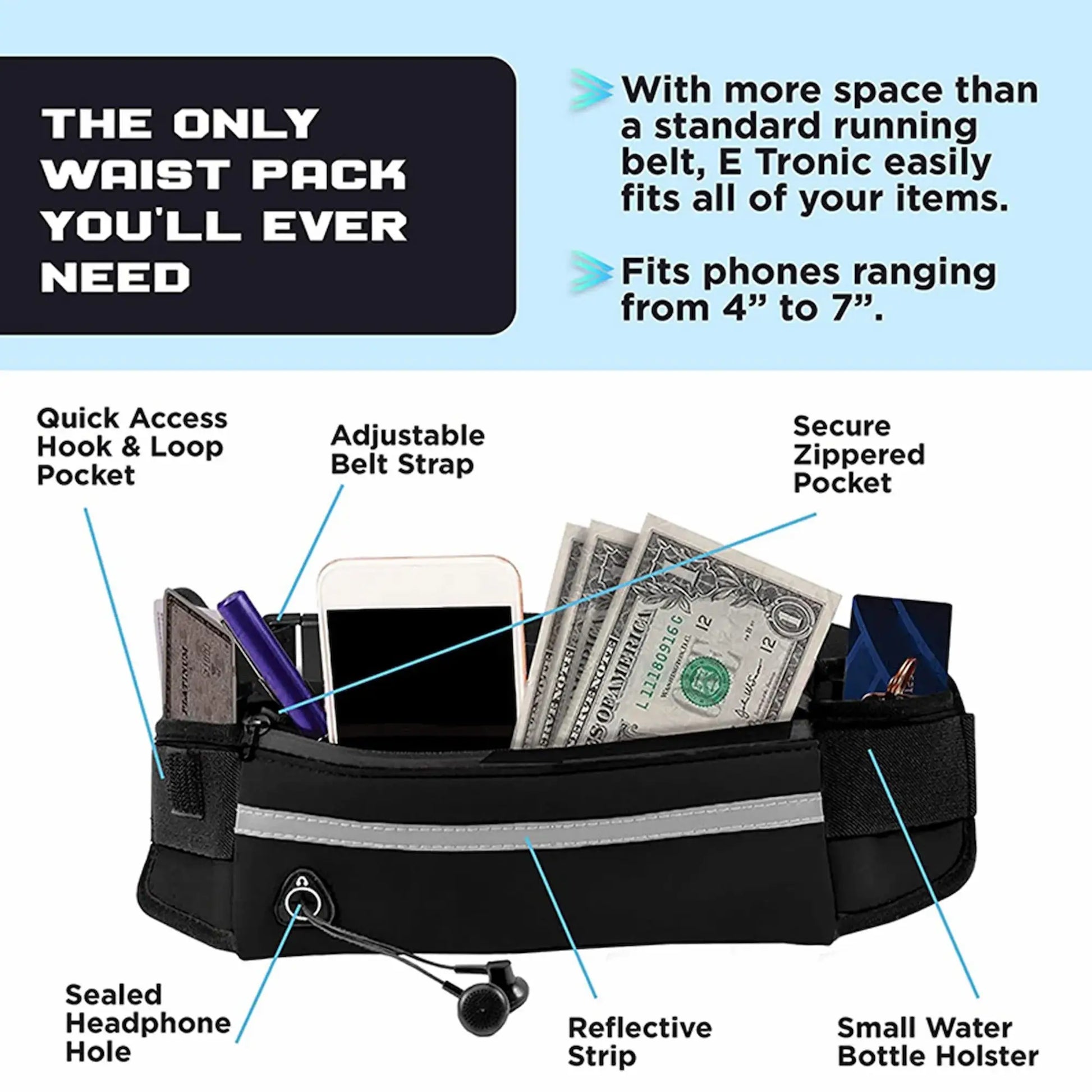 Hands-free dog leash waist pack showing storage features including zippered pocket, phone pocket, reflective strip, headphone port, adjustable belt, and water bottle holder