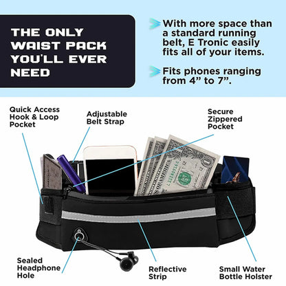 Hands-free dog leash waist pack showing storage features including zippered pocket, phone pocket, reflective strip, headphone port, adjustable belt, and water bottle holder