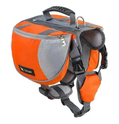 Trail Teck Pet Saddle Backpack in high-visibility orange designed for dogs to carry gear safely during hiking and outdoor activities