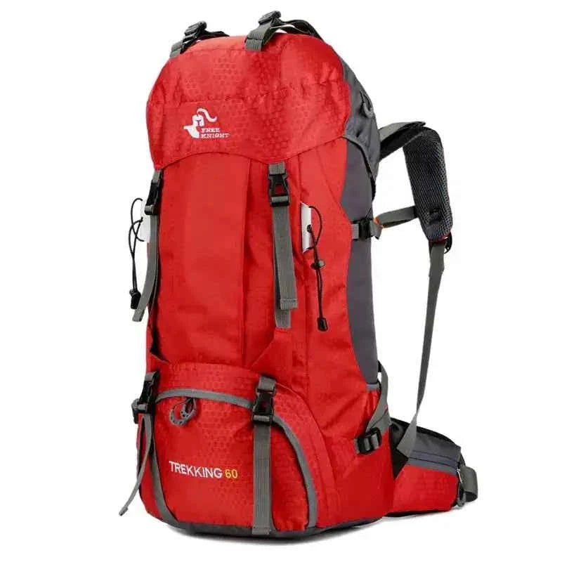 Red 60L trekking backpack for hiking and outdoor travel featuring durable fabric, compression straps, and multiple compartments.