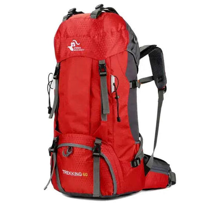 Red 60L trekking backpack for hiking and outdoor travel featuring durable fabric, compression straps, and multiple compartments.