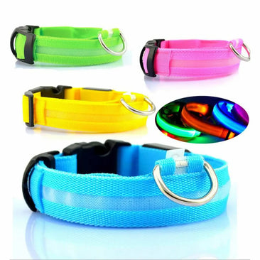 Adjustable LED dog collars in multiple colors with reflective strip and metal D-ring for night visibility