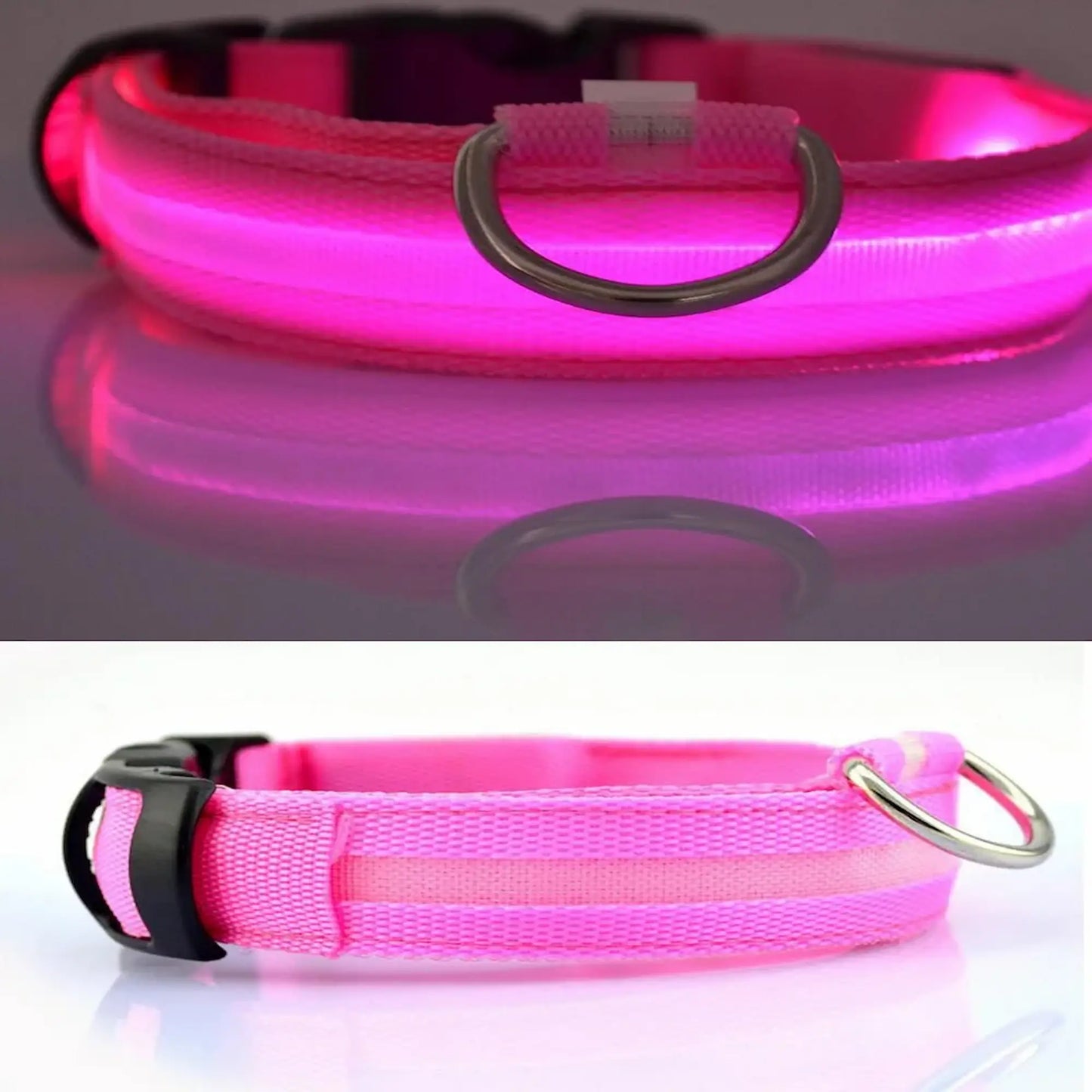 Pink LED dog collar with reflective strip and metal D-ring, shown illuminated and unlit