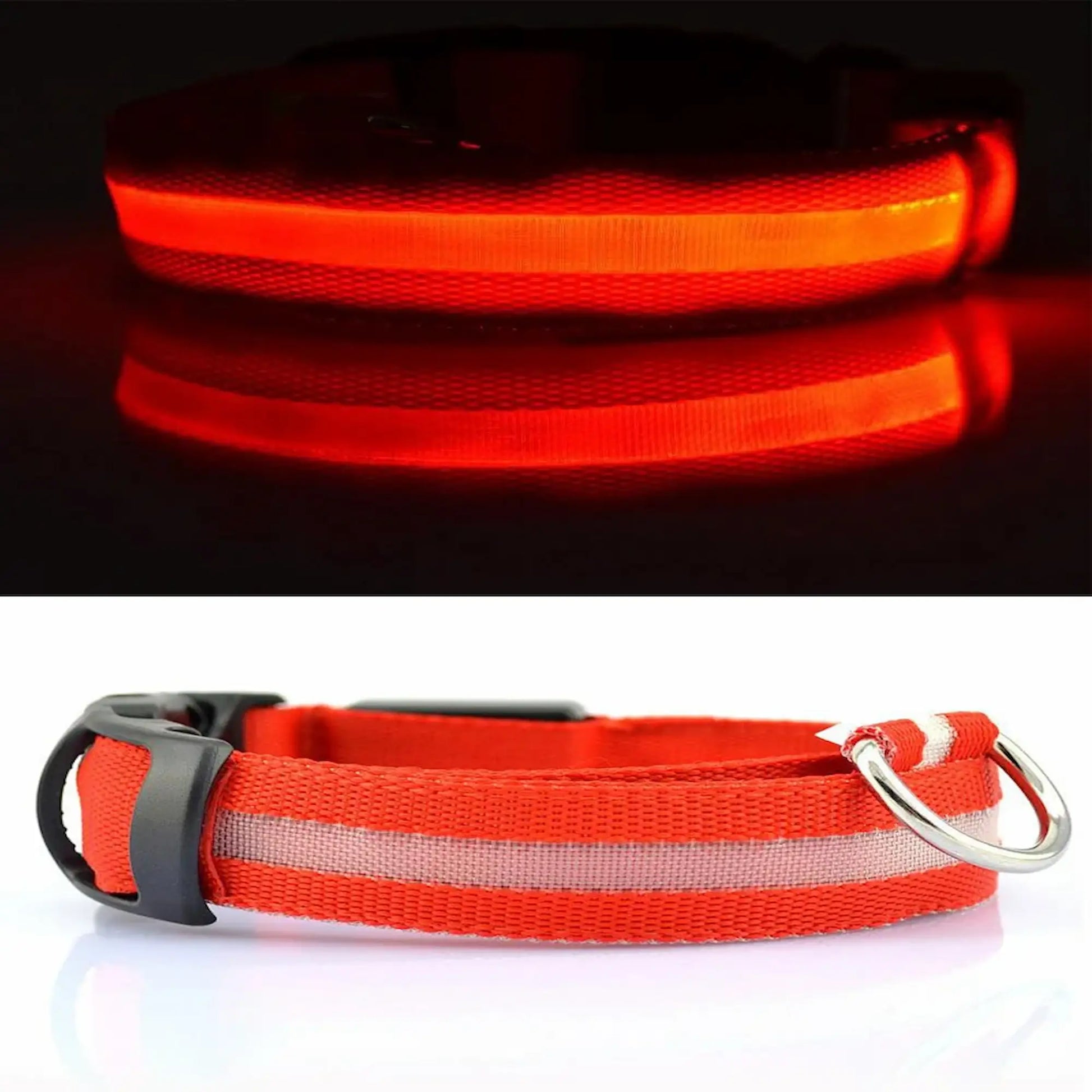 Red LED dog collar with reflective strip and metal D-ring, shown illuminated and unlit
