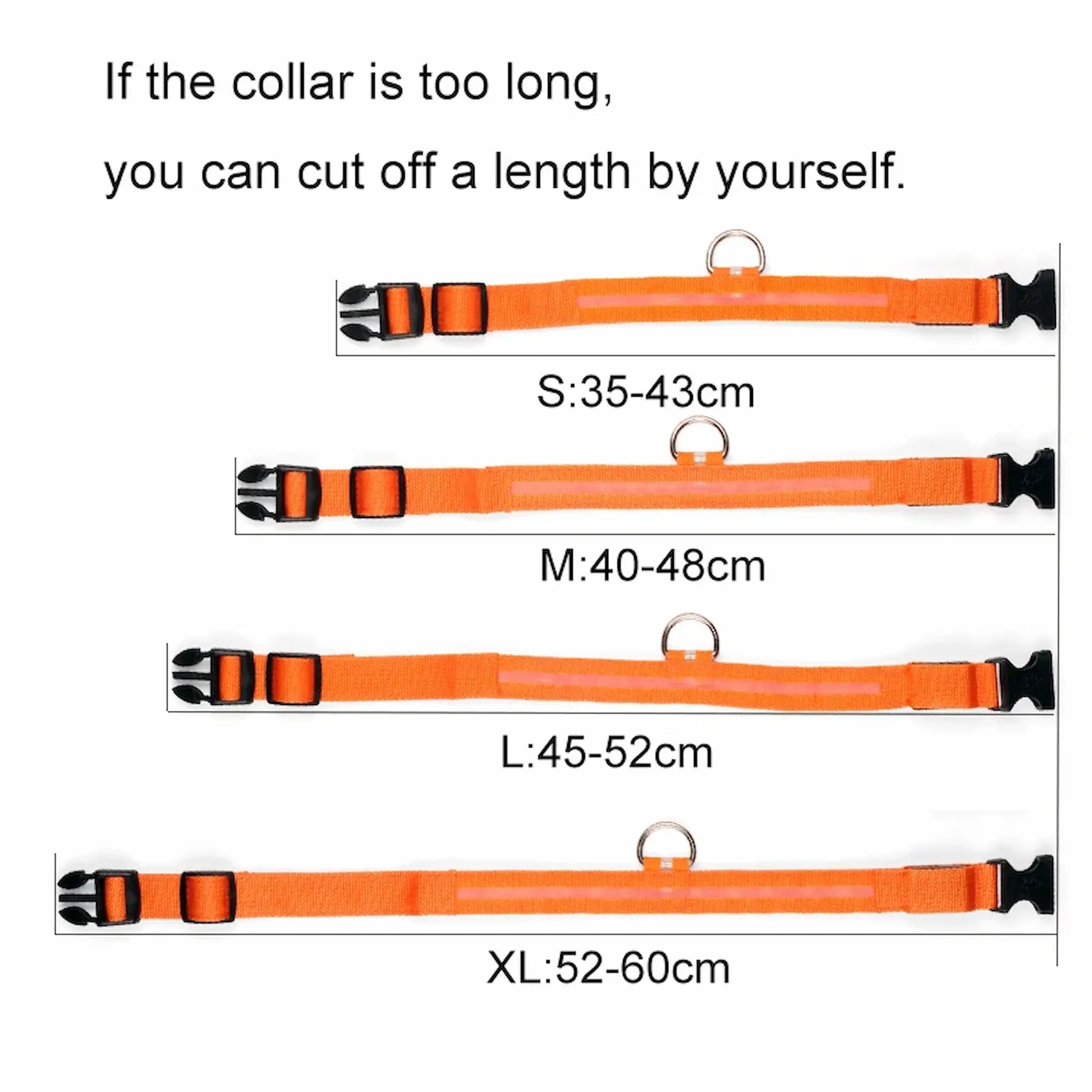 LED dog collar size chart showing adjustable lengths from small to extra large with cut-to-fit option
