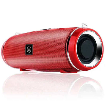 Waterproof Bluetooth speaker in red with powerful bass designed for camping, hiking, and outdoor adventures