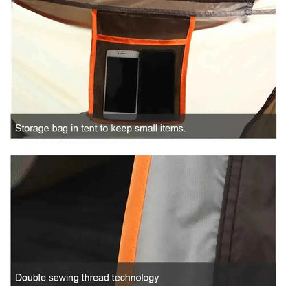 Pop-up camping tent interior showing built-in storage pocket for small items and reinforced double-stitched seams for durability