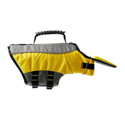 Trail Teck Pet Lifejacket showing adjustable straps, top handle, and buoyant flotation design for dog water safety