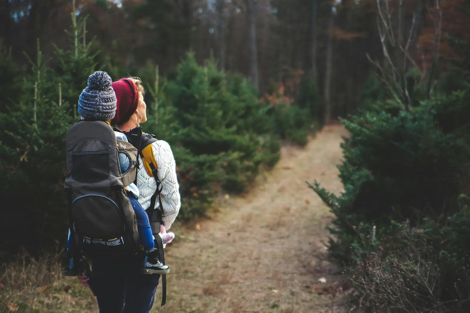 “Parent hiking through a forest trail with a child in a carrier, representing family outdoor adventure with Trail Teck camping gear.”