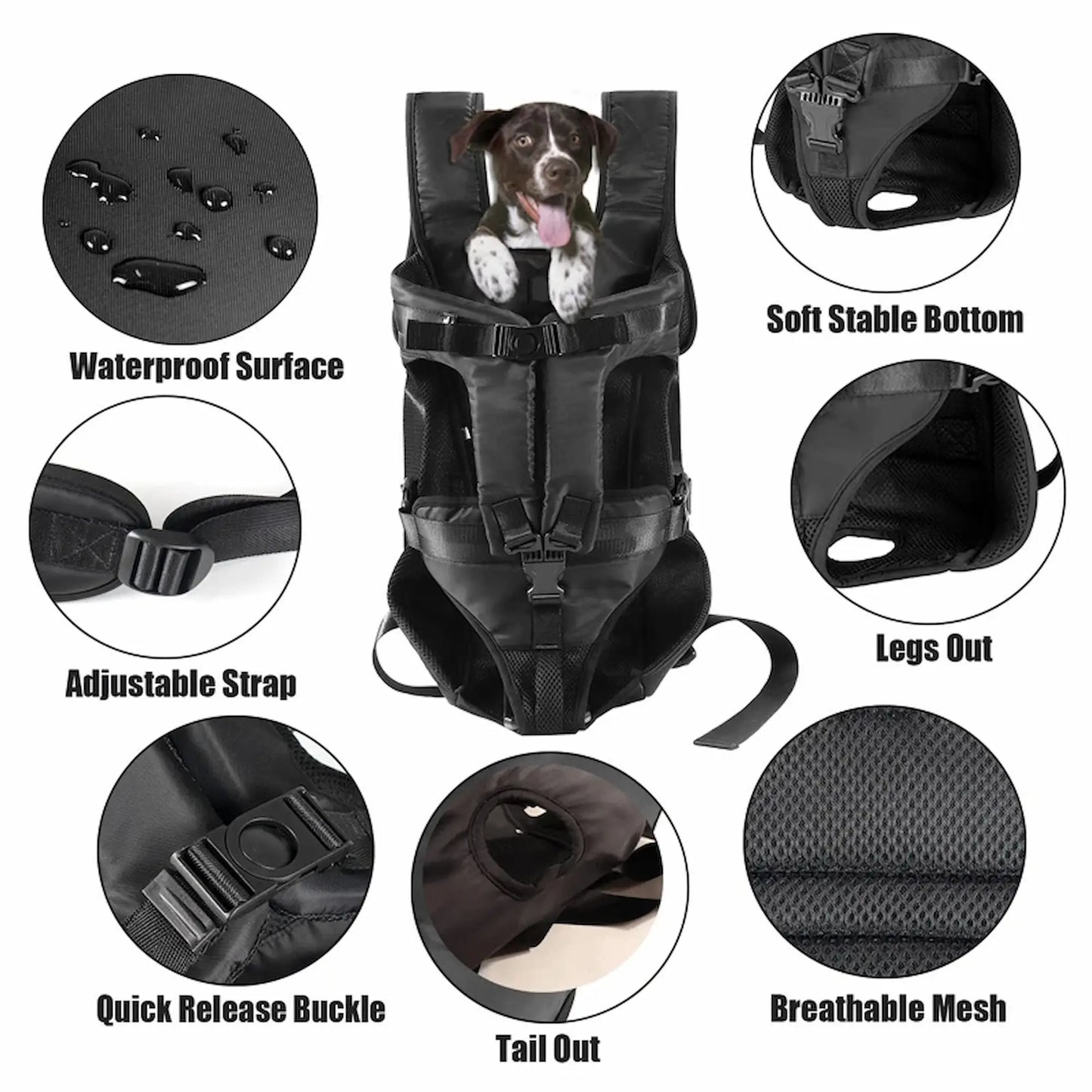 Dog carrier backpack showing waterproof fabric, adjustable straps, breathable mesh, and secure buckle features