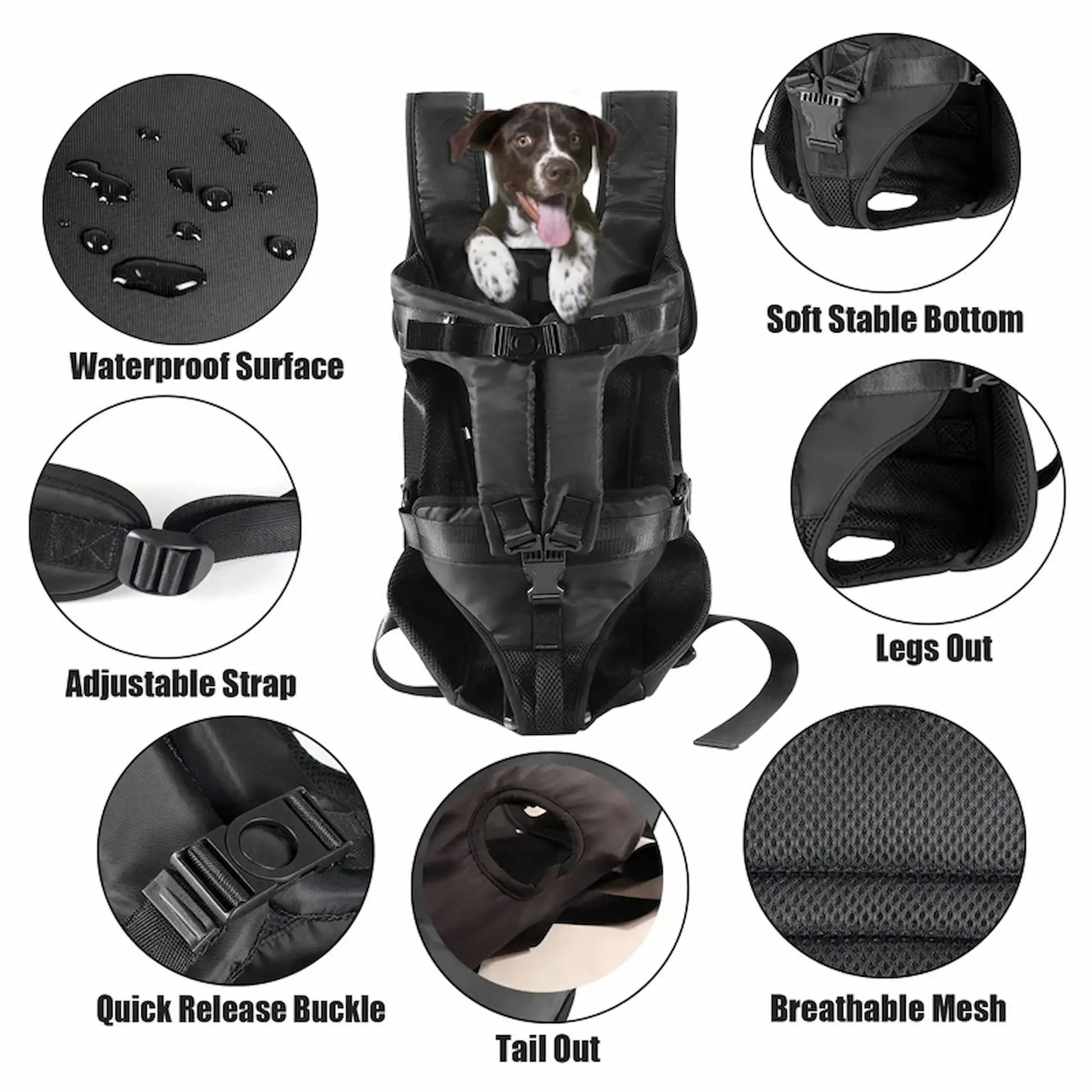 Dog carrier backpack showing waterproof fabric, adjustable straps, breathable mesh, and secure buckle features