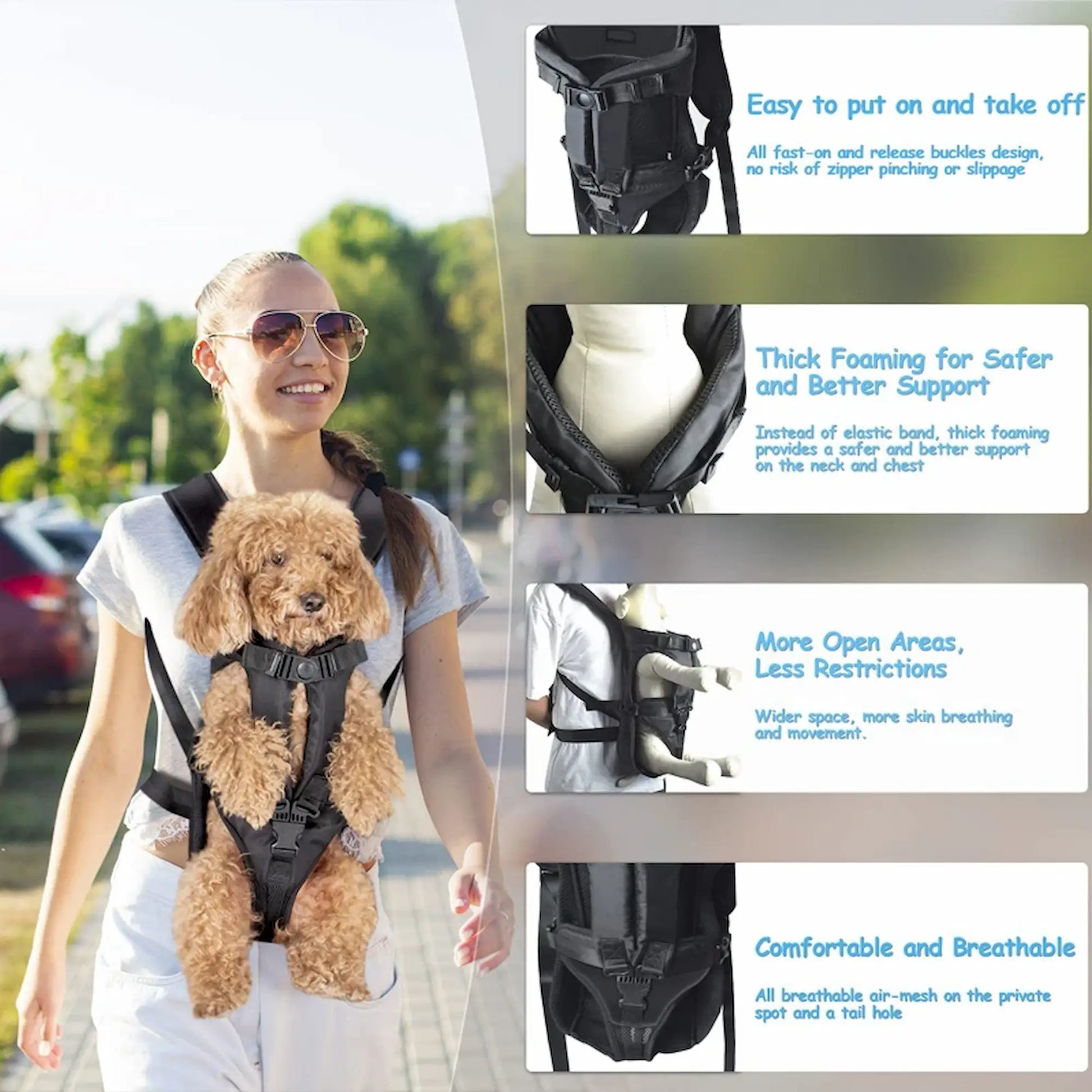 Woman walking outdoors wearing a front-facing dog carrier backpack with a small dog, showing breathable mesh, padded support, and easy buckle design