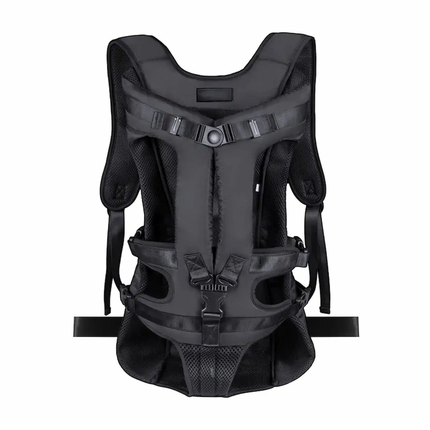 Front-facing dog carrier backpack with padded support, adjustable straps, and secure buckle system
