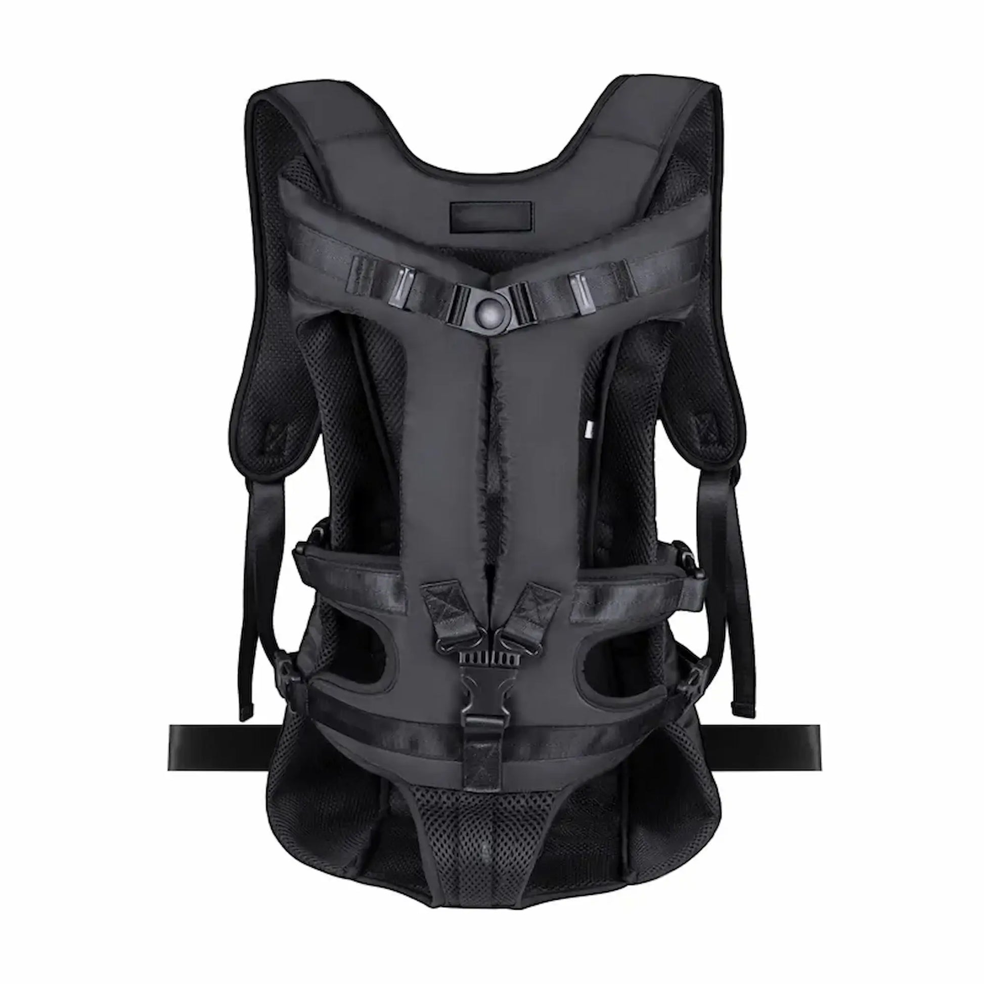 Front-facing dog carrier backpack with padded support, adjustable straps, and secure buckle system
