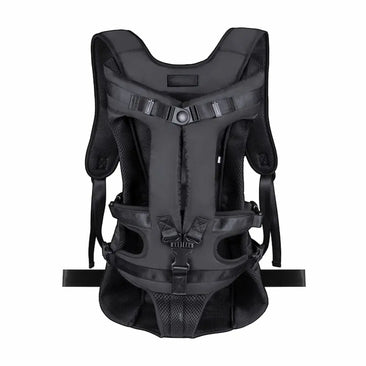 Front-facing dog carrier backpack with padded support, adjustable straps, and secure buckle system