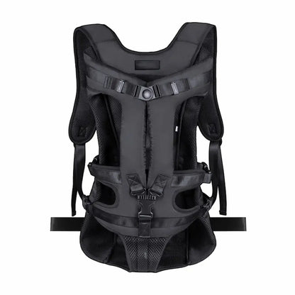 Front-facing dog carrier backpack with padded support, adjustable straps, and secure buckle system