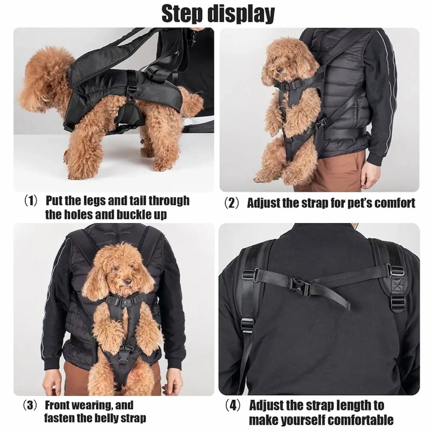 Step by step guide showing how to put on and adjust a front-facing dog carrier backpack for a secure and comfortable fit
