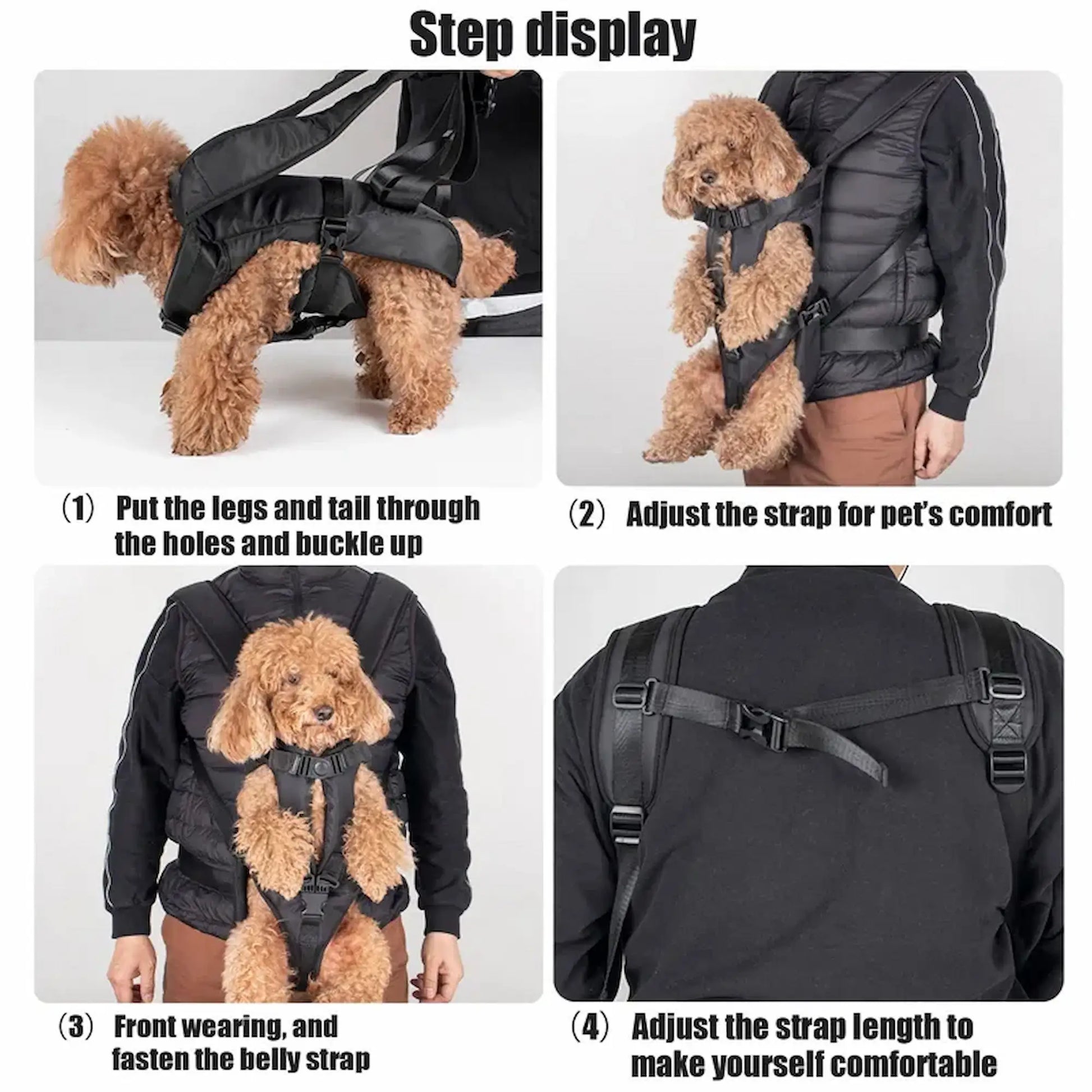 Step by step guide showing how to put on and adjust a front-facing dog carrier backpack for a secure and comfortable fit