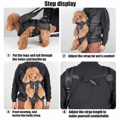 Step by step guide showing how to put on and adjust a front-facing dog carrier backpack for a secure and comfortable fit