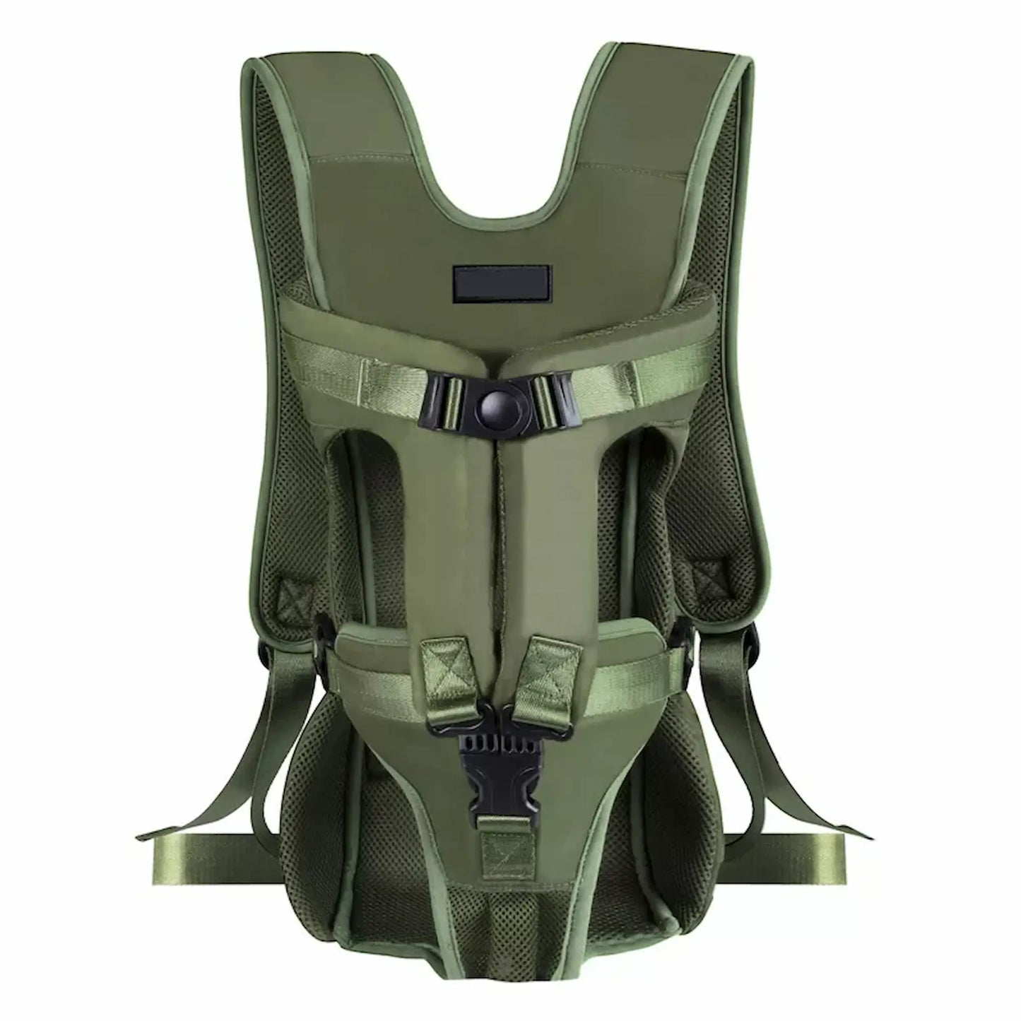 Olive green Trail Teck front-facing dog carrier backpack with padded shoulder straps, breathable mesh panels, and adjustable safety buckles