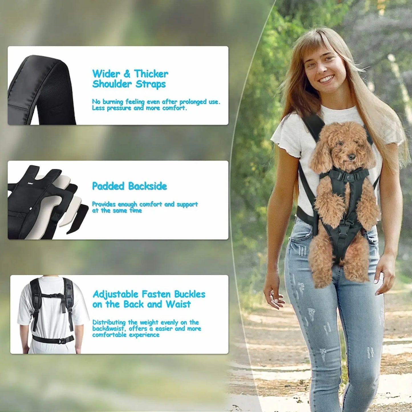 Woman walking outdoors wearing a front-facing dog carrier backpack with a small dog, highlighting wide padded shoulder straps, back support, and adjustable waist buckles