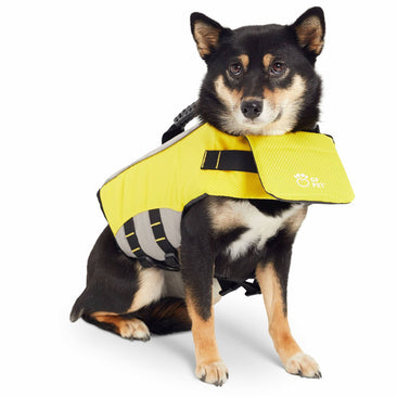 Yellow dog life jacket for hiking and camping with adjustable straps for safety and comfort