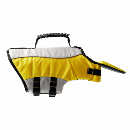 Side view of yellow dog life jacket with adjustable straps and top handle for outdoor adventures