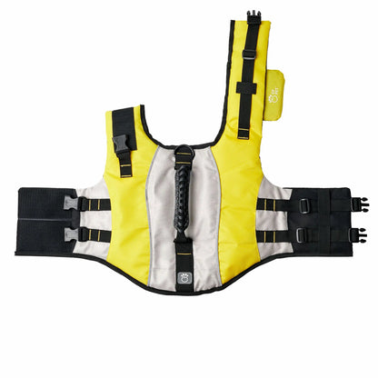 Top view of yellow dog life jacket showing adjustable straps, secure buckles, and reinforced top handle