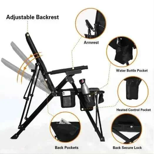 Heated camping chair with adjustable backrest, armrests, built-in heating elements, water bottle holder, storage pockets, and secure locking frame shown in a feature diagram.
