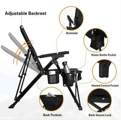 Heated camping chair with adjustable backrest, armrests, built-in heating elements, water bottle holder, storage pockets, and secure locking frame shown in a feature diagram.