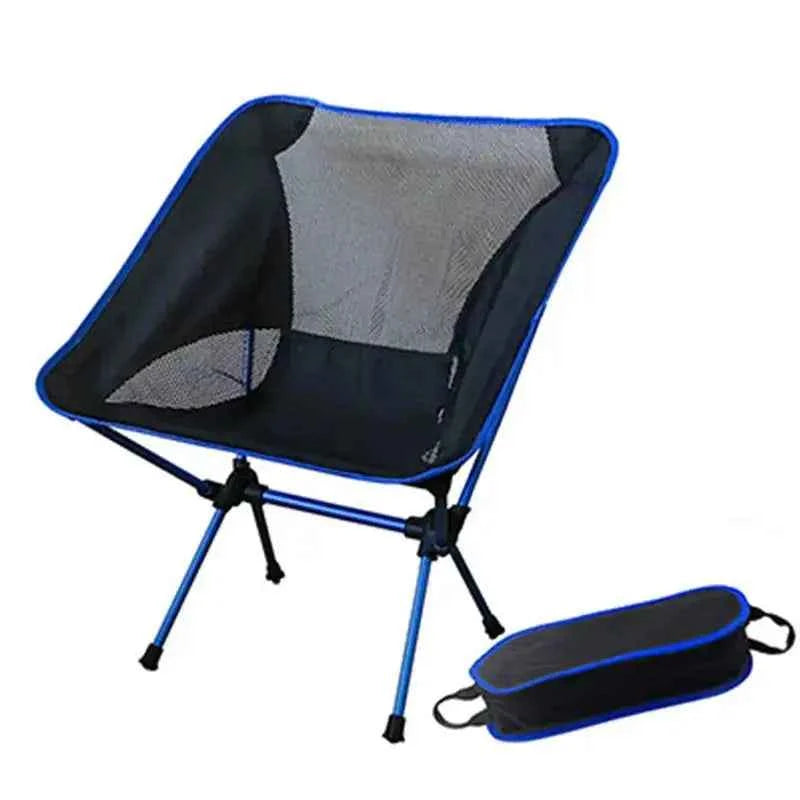 Lightweight folding camping moon chair with breathable mesh seat, blue aluminum frame, and compact carry bag for outdoor camping, hiking, and beach use