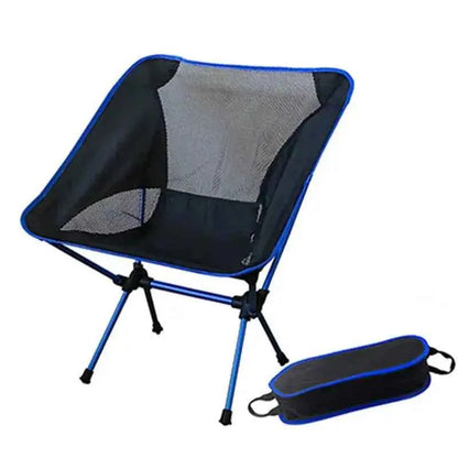 Lightweight folding camping moon chair with breathable mesh seat, blue aluminum frame, and compact carry bag for outdoor camping, hiking, and beach use