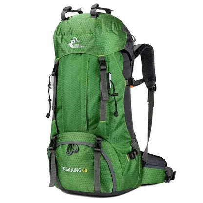 Green 60L trekking backpack with adjustable straps, padded shoulder harness, hip belt, and multiple compartments for hiking and camping.