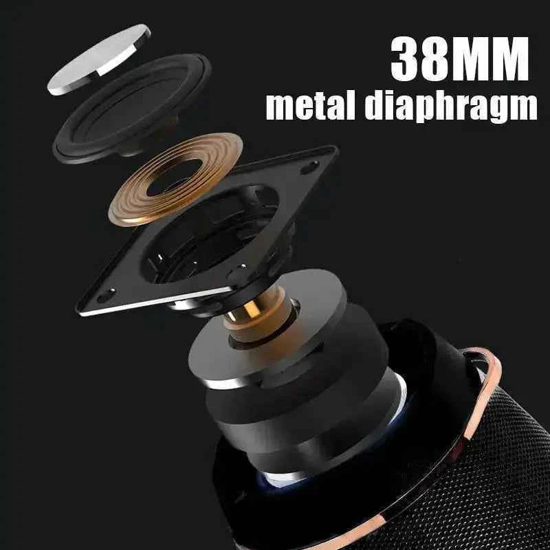 38mm metal diaphragm inside a waterproof Bluetooth speaker designed for powerful bass and 360-degree surround sound outdoors